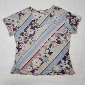 Columbia Vertex Women XL Floral Stripe V-Neck Top Lettuce Edge Short Sleeve Mesh